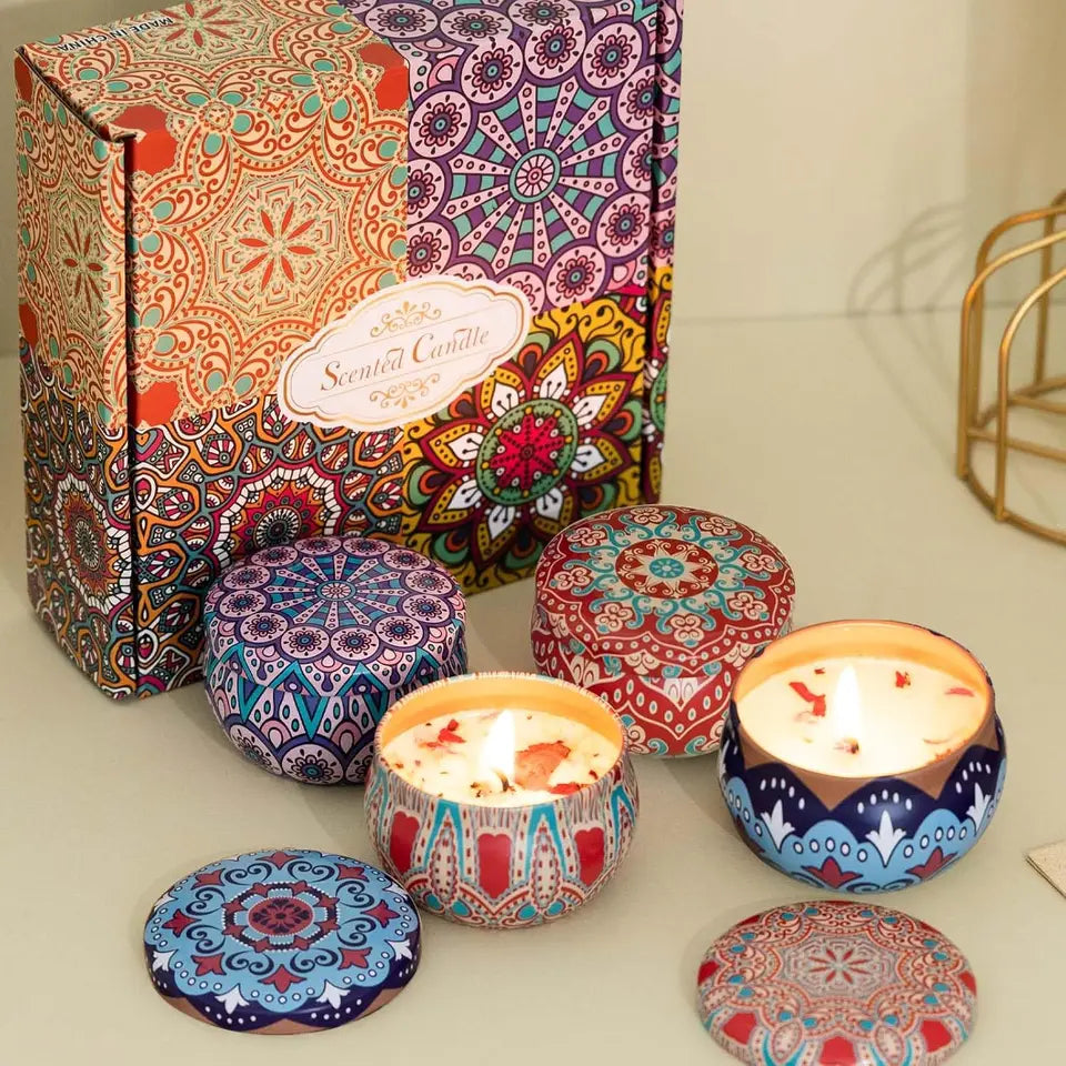 Home Decor Scented Candle, Mandala Printed Tin, Creates Ambiance & Ritual, 2.75in Box, Floral Scent