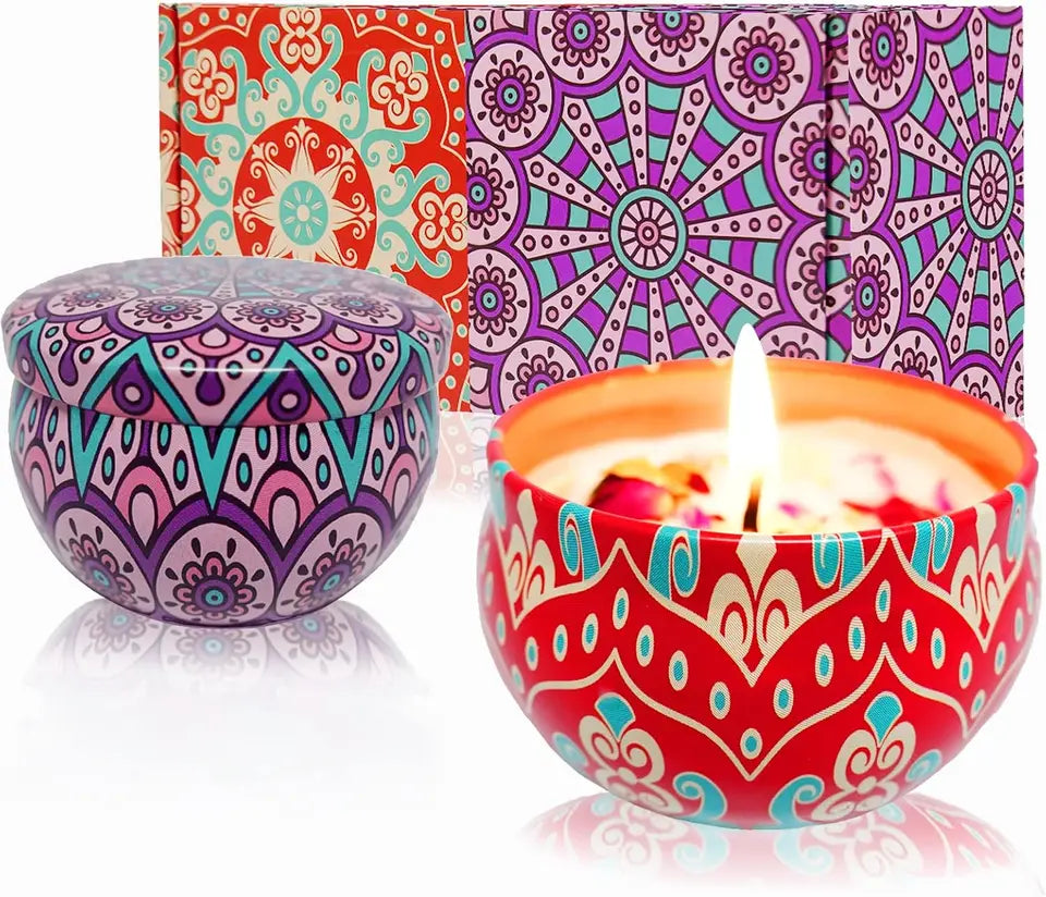 Home Decor Scented Candle, Mandala Printed Tin, Creates Ambiance & Ritual, 2.75in Box, Floral Scent