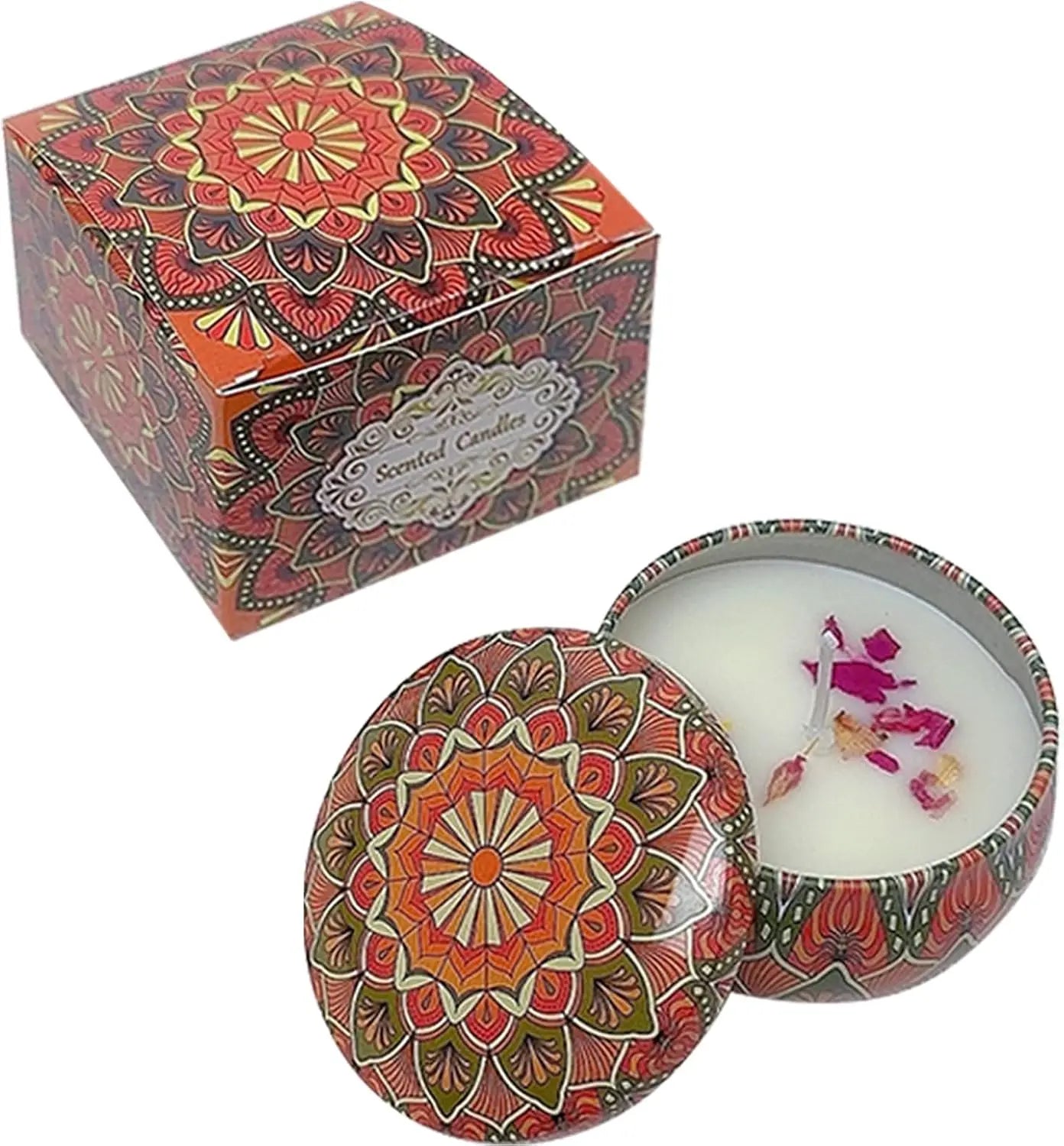 Home Decor Scented Candle, Mandala Printed Tin, Creates Ambiance & Ritual, 2.75in Box, Floral Scent